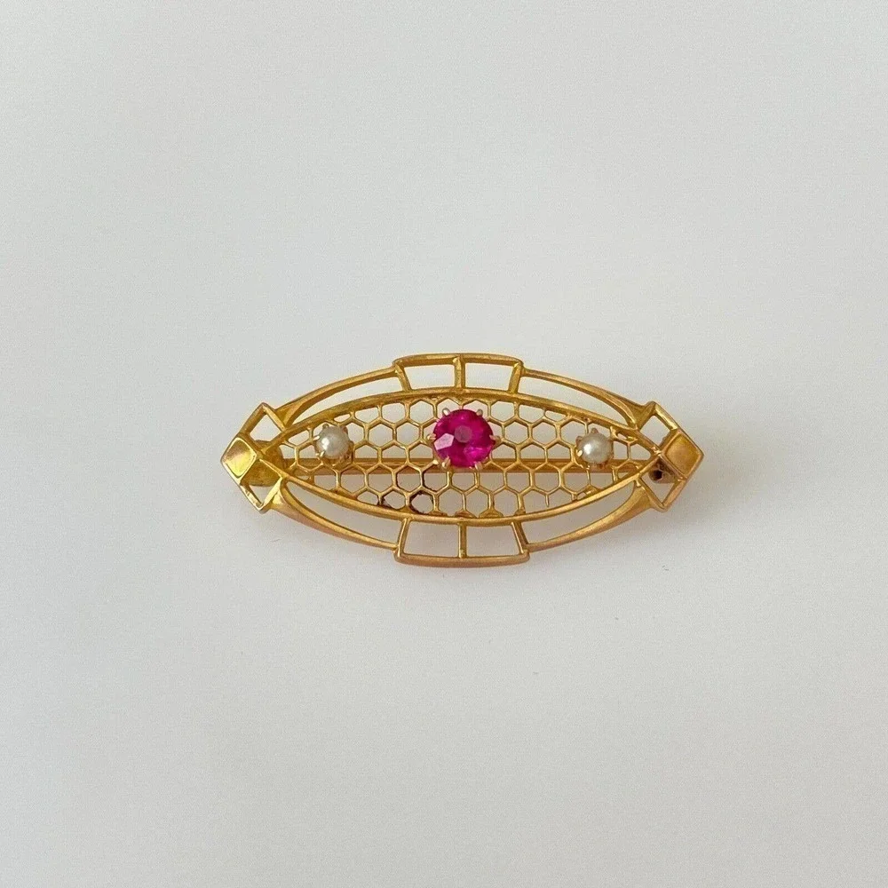 Vintage 10k Solid Yellow Gold Ruby Seed Pearl Petite Brooch Pin